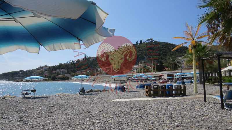 Spiaggia con panorama su pineta e Bordighera Alta